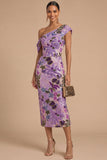 Floral Sparkly Sequins Black Asymmetrical Neck Mermaid Midi Formal Dress
