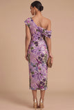 Floral Sparkly Sequins Black Asymmetrical Neck Mermaid Midi Formal Dress