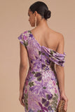 Floral Sparkly Sequins Black Asymmetrical Neck Mermaid Midi Formal Dress