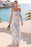 Light Blue Floral Corset Cold Shoulder A-Line Long Wedding Guest Dress