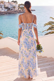 Light Blue Floral Corset Cold Shoulder A-Line Long Wedding Guest Dress