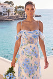 Light Blue Floral Corset Cold Shoulder A-Line Long Wedding Guest Dress