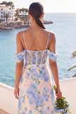 Light Blue Floral Corset Cold Shoulder A-Line Long Wedding Guest Dress