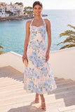 Floral Light Blue Halter A-Line Midi Wedding Guest Dress