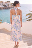 Floral Light Blue Halter A-Line Midi Wedding Guest Dress