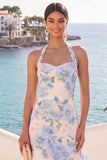 Floral Light Blue Halter A-Line Midi Wedding Guest Dress