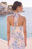 Floral Light Blue Halter A-Line Midi Wedding Guest Dress