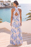 Light Blue Floral A-Line Halter Long Keyhole Wedding Guest Dress