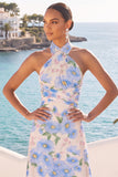 Light Blue Floral A-Line Halter Long Keyhole Wedding Guest Dress