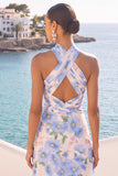 Light Blue Floral A-Line Halter Long Keyhole Wedding Guest Dress