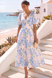 Floral Light Blue V-Neck A-Line Midi Wedding Guest Dress with Sleeves