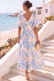 Floral Light Blue V-Neck A-Line Midi Wedding Guest Dress with Sleeves