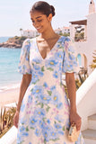 Floral Light Blue V-Neck A-Line Midi Wedding Guest Dress with Sleeves