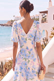 Floral Light Blue V-Neck A-Line Midi Wedding Guest Dress with Sleeves