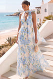 Light Blue Floral Halter Ruffled Long Wedding Guest Dress with Neck Scarf
