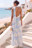 Light Blue Floral Halter Ruffled Long Wedding Guest Dress with Neck Scarf