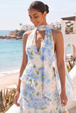 Light Blue Floral Halter Ruffled Long Wedding Guest Dress with Neck Scarf
