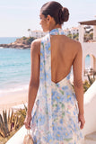 Light Blue Floral Halter Ruffled Long Wedding Guest Dress with Neck Scarf
