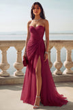 Light Blue Ruched Tulle Strapless Long Wedding Guest Dress with Slit