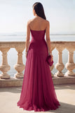 Light Blue Ruched Tulle Strapless Long Wedding Guest Dress with Slit