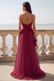 Light Blue Ruched Tulle Strapless Long Wedding Guest Dress with Slit