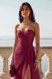 Light Blue Ruched Tulle Strapless Long Wedding Guest Dress with Slit