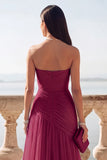 Light Blue Ruched Tulle Strapless Long Wedding Guest Dress with Slit