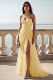 Light Blue Ruched Tulle Strapless Long Wedding Guest Dress with Slit