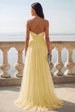 Light Blue Ruched Tulle Strapless Long Wedding Guest Dress with Slit