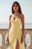 Light Blue Ruched Tulle Strapless Long Wedding Guest Dress with Slit