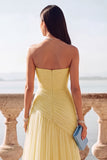 Light Blue Ruched Tulle Strapless Long Wedding Guest Dress with Slit