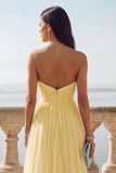 Light Blue Ruched Tulle Strapless Long Wedding Guest Dress with Slit
