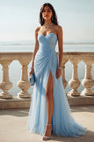 Light Blue Ruched Tulle Strapless Long Wedding Guest Dress with Slit
