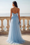 Light Blue Ruched Tulle Strapless Long Wedding Guest Dress with Slit
