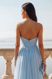 Light Blue Ruched Tulle Strapless Long Wedding Guest Dress with Slit