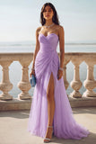 Light Blue Ruched Tulle Strapless Long Wedding Guest Dress with Slit