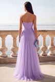 Light Blue Ruched Tulle Strapless Long Wedding Guest Dress with Slit