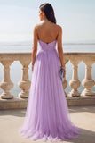 Light Blue Ruched Tulle Strapless Long Wedding Guest Dress with Slit