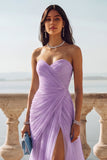Light Blue Ruched Tulle Strapless Long Wedding Guest Dress with Slit