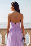 Light Blue Ruched Tulle Strapless Long Wedding Guest Dress with Slit