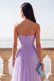 Light Blue Ruched Tulle Strapless Long Wedding Guest Dress with Slit