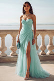 Light Blue Ruched Tulle Strapless Long Wedding Guest Dress with Slit