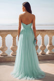 Light Blue Ruched Tulle Strapless Long Wedding Guest Dress with Slit