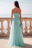 Light Blue Ruched Tulle Strapless Long Wedding Guest Dress with Slit