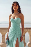 Light Blue Ruched Tulle Strapless Long Wedding Guest Dress with Slit