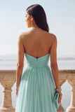 Light Blue Ruched Tulle Strapless Long Wedding Guest Dress with Slit