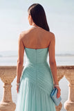 Light Blue Ruched Tulle Strapless Long Wedding Guest Dress with Slit