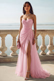 Light Blue Ruched Tulle Strapless Long Wedding Guest Dress with Slit