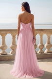 Light Blue Ruched Tulle Strapless Long Wedding Guest Dress with Slit
