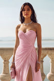 Light Blue Ruched Tulle Strapless Long Wedding Guest Dress with Slit
